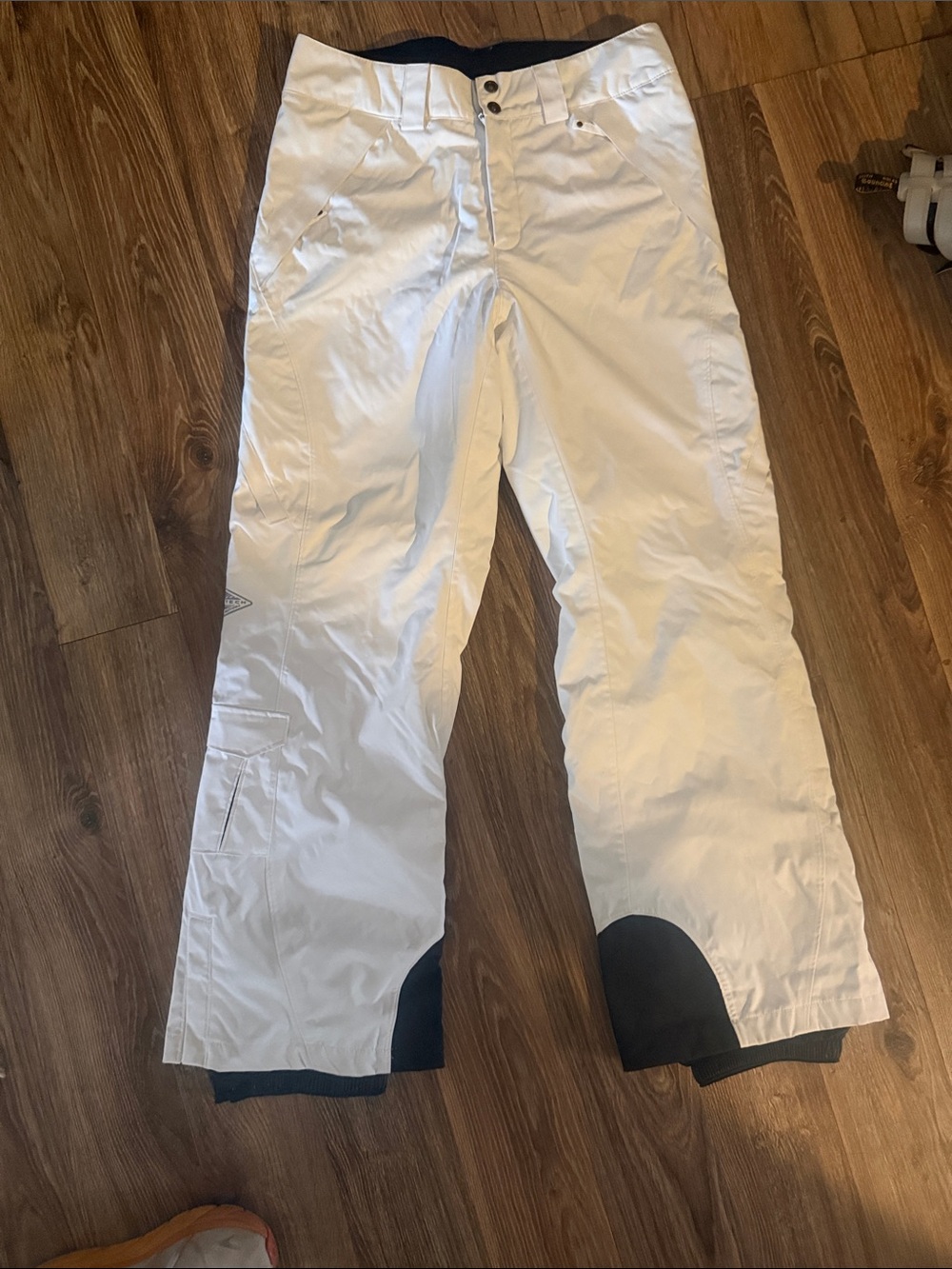 Columbia White Snow Pants with Black Reinforced Hems & decorative stitching